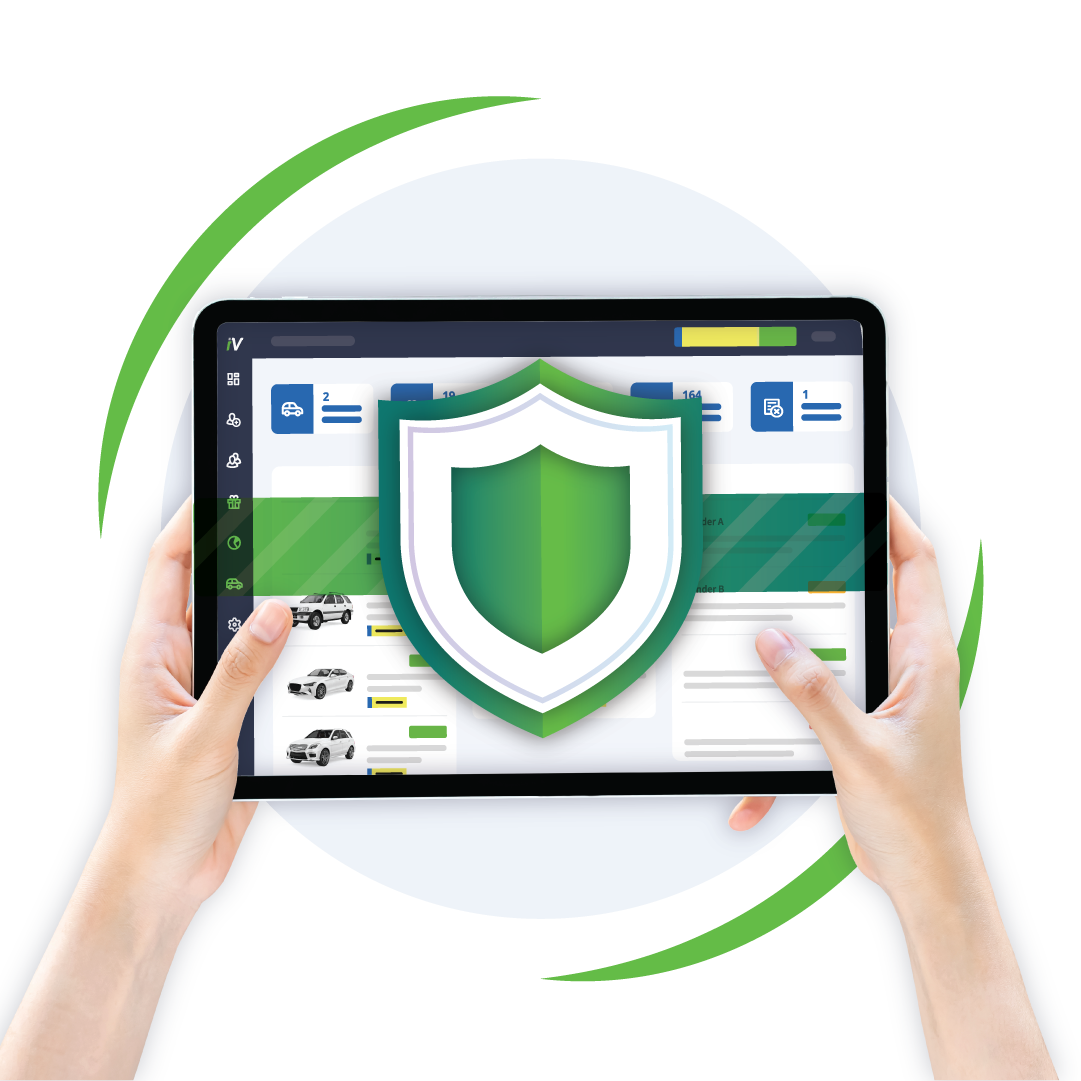 Illustration showing the iVendi platform displayed on a tablet, overlaid with a shield icon to symbolise managed detection, response, and continuous system monitoring.