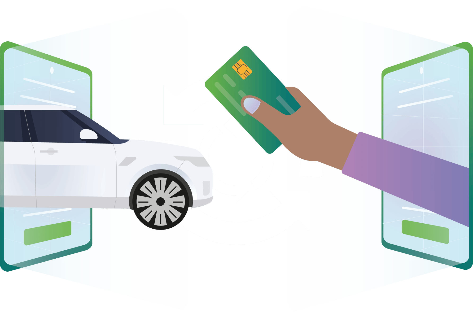 An image displaying a vehicle emerging out of a phone, as well as a hand holding a credit card. This reperesents the future of seamless managing of payments across the iVendi Platform.