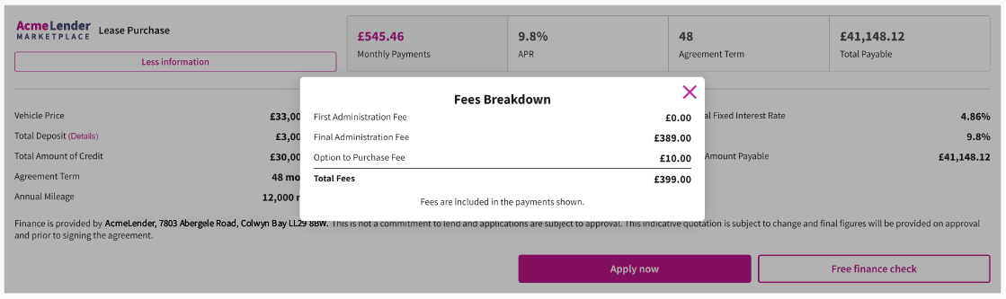 New fees breakdown in finance listings