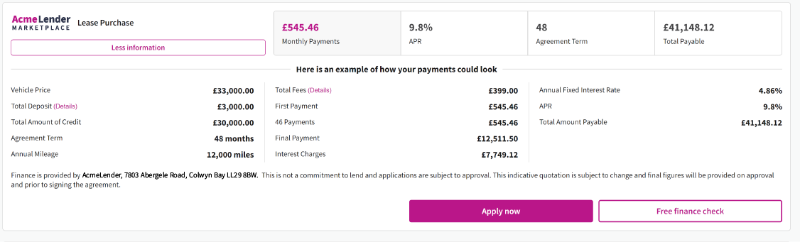 Updated finance product layout